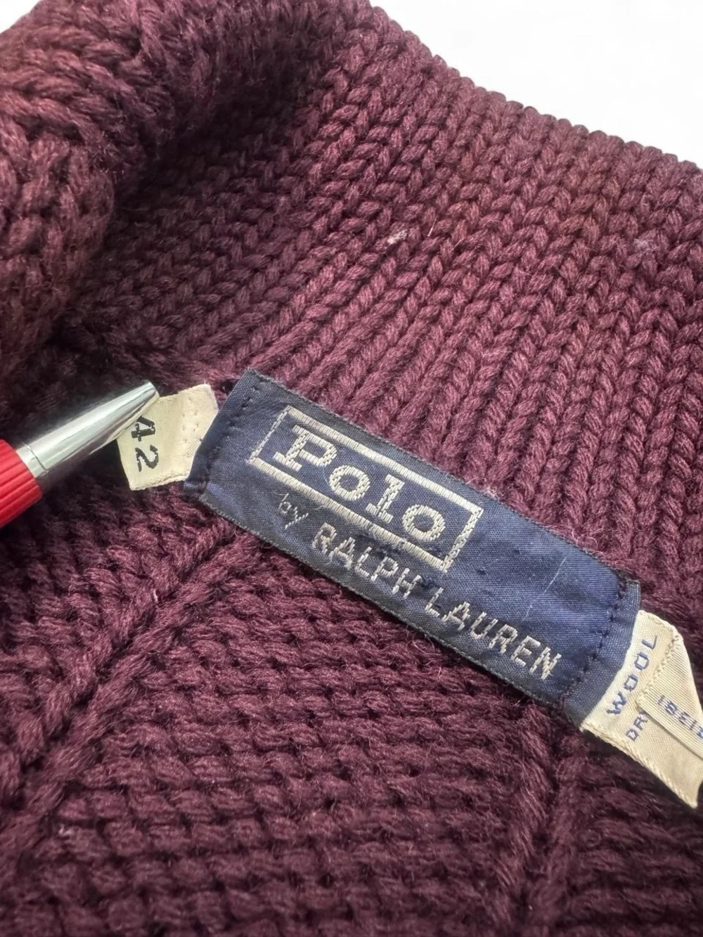 VTG 90s Polo Ralph Lauren cable knit chunky wool cardigan sweater burgundy 42 M